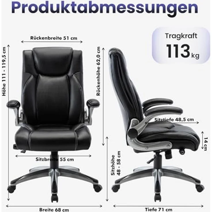 COLAMY Bürostuhl Ergonomisch, Ergonomischer Büro 360° Drehstuhl für Office, Chefsessel mit Hoher Rückenlehne, Schreibtischstuhl Lederstuhl mit Verstellbarer Neigungsverschluss, Schwarz – Bild 3