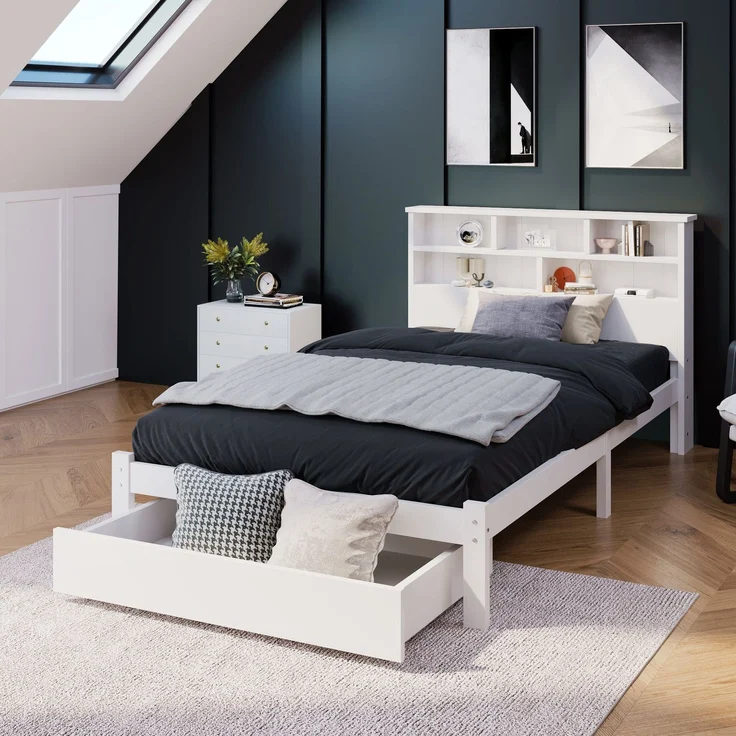 Holzbett, Einzelbett inkl. Schublade und Lattenrost, Kopfteil mit Regal, 90x200 cm, Holzbett aus Kiefer, Jugendbett – Bild 4