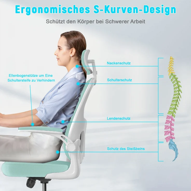Botifly Ergonomischer Bürostuhl mit Kopfstütze, Mesh-Gewebe, Mintgrün, 90°-120° Wippfunktion, 10 cm Höhenverstellbar, 52 x 26 x 57 cm – Bild 3