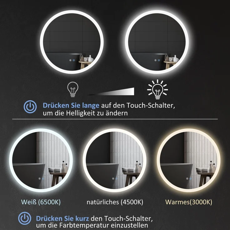 Badspiegel 70x70 x H 3 cm aus Glas und Metall mit LED-Licht und Entnebelungsfunktion – Bild 5