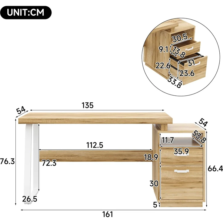 Flieks Schreibtisch 161 x 54 x 76.4 cm mit offenem Ablagefach, geräuscharmer Schublade und Stahlgestell, Naturholzfarben – Bild 5