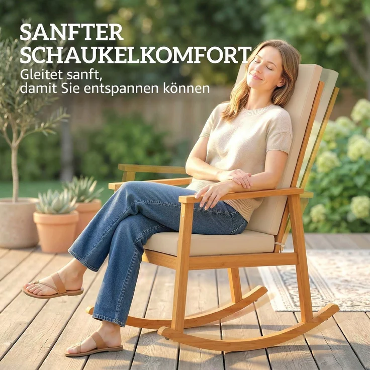 MELAYR, Schaukelstuhl aus Akazienholz Schaukelsessel mit hoher Rückenlehne Kissen bis 160 kg 60 x 89 x 107 cm Beige – Bild 6