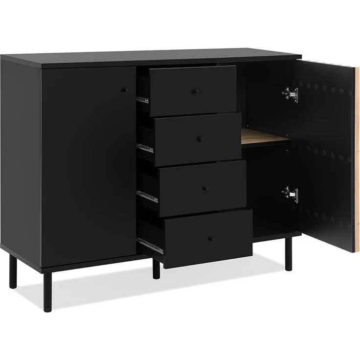 Calicosy Sideboard 2 Türen 4 Schubladen Schwarz und Holz B118 cm - MONZA - Helles Holz – Bild 3