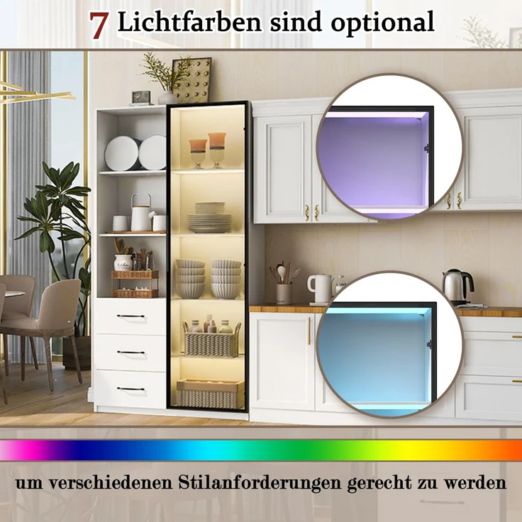 LED-Vitrine 80 x 40 x 160 cm - Bücherschrank mit Tür aus gehärtetem Glas und LED-Beleuchtung, 3 Schubladen und 3 offene Fächer, Aluminiumrahmen, mehrfarbige LEDs, Soft-Close-Scharniere, Küchenschränke--Weiß--91.01x46.99x19.99cm--YOUDENOVA – Bild 9
