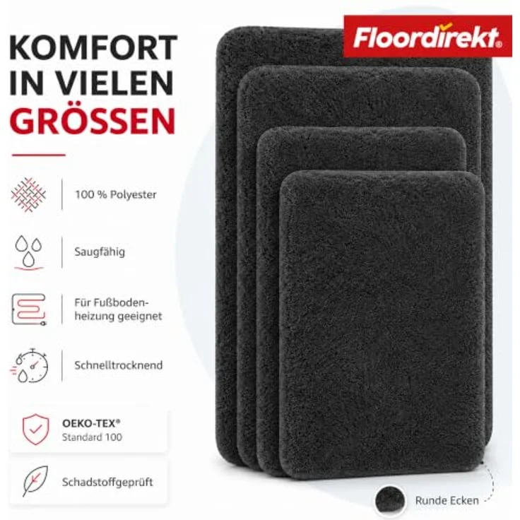 Floordirekt Badematte Sky, Hochflor Badezimmerteppich 50 x 80 cm, rutschhemmend, schnell trocknend, schwarz, geeignet für Fußbodenheizung – Bild 5
