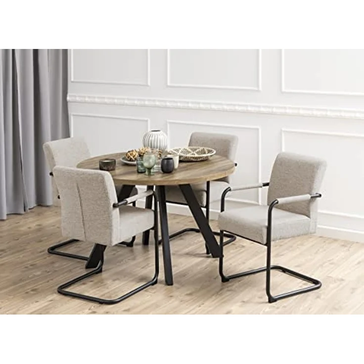 AC Design Furniture Adeline Esszimmerstühle 2er Set, Esszimmerstühle mit Armlehnen, Schwingstühle, Freischwinger, Gepolsterte Küchenstühle in Beige Bouclé-Sitzbezug mit Schwarzem Metallschwingfuß – Bild 2