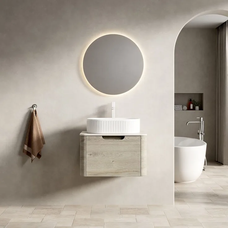 Hängender Badwaschtisch 60 cm mit ovalem Keramikbecken, Travertin-Optik und Soft-Close-Schublade