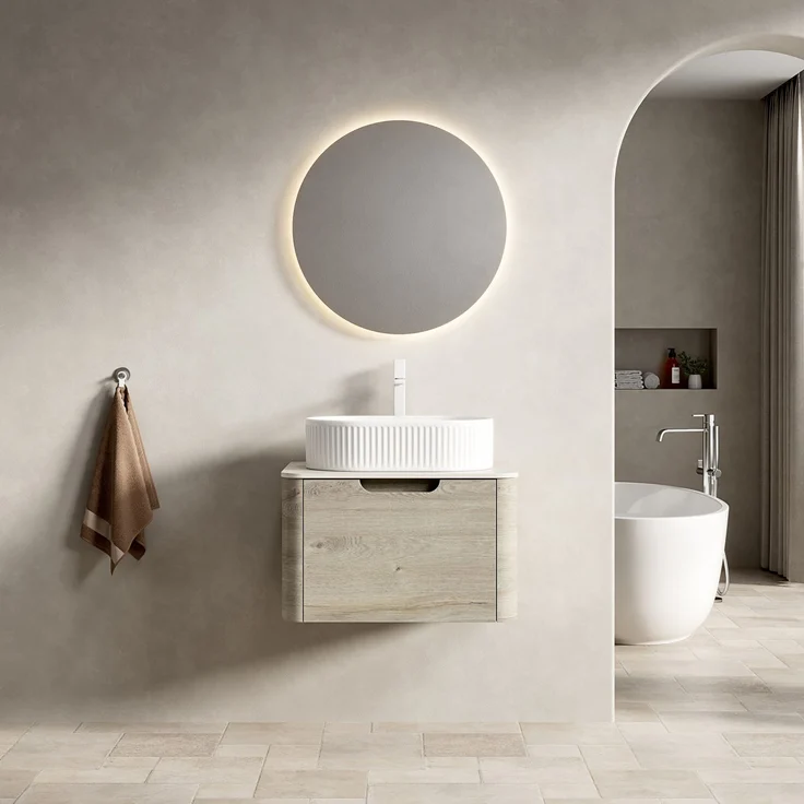 Hängender Badwaschtisch 60 cm mit ovalem Keramikbecken, Travertin-Optik und Soft-Close-Schublade – Bild 1