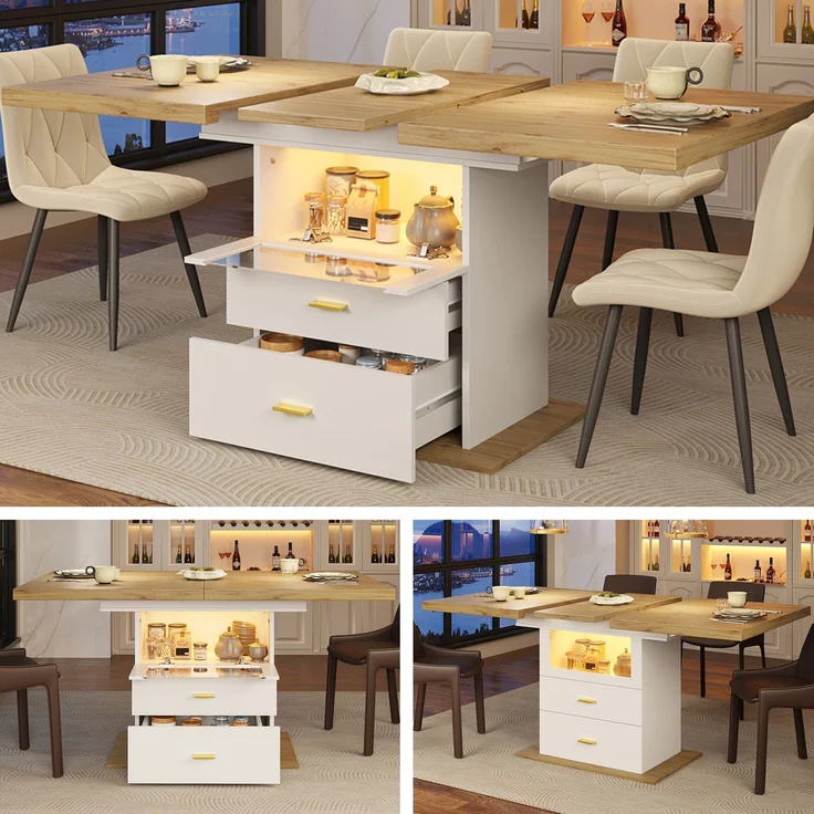 Esstisch 110/140x80x75 cm, ausziehbar mit LED-Beleuchtung, App-Steuerung und Stauraum – Bild 7