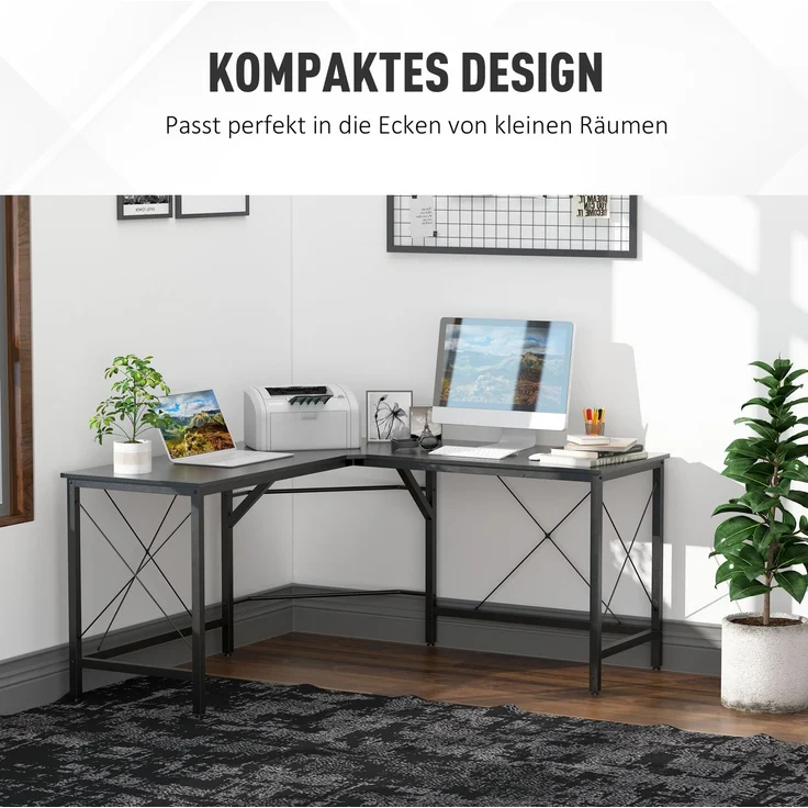 Eckschreibtisch mit MDF-Platte & Stahlgestell, 150x150x76 cm, Schwarz – Bild 4