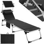 tectake® Sonnenliege mit Dach, Liege klappbar mit Kopfkissen + Seitentasche, zusammenklappbar, leicht tragbar, Strandliege, Liegestuhl klappbar für Garten, Sonnenliege Camping - schwarz
