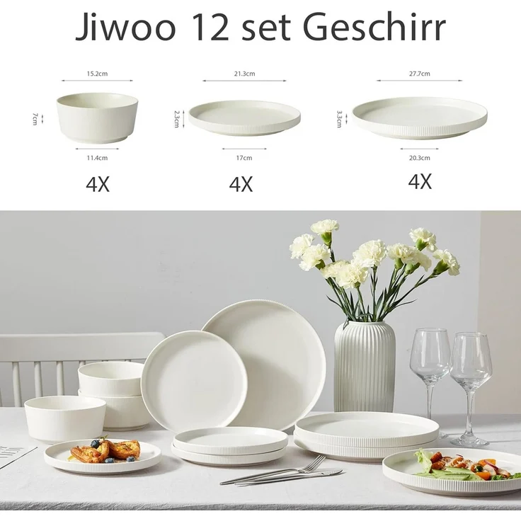 JIWOO Geschirr-Set 12tlg Kombiservice Teller-Set Tafelservice Schüssel-Set Speiseteller (12-tlg), 4 Personen, Keramik, Hochwertiges Geschirr set Weiß Mikrowellen spülmaschinenfest – Bild 1