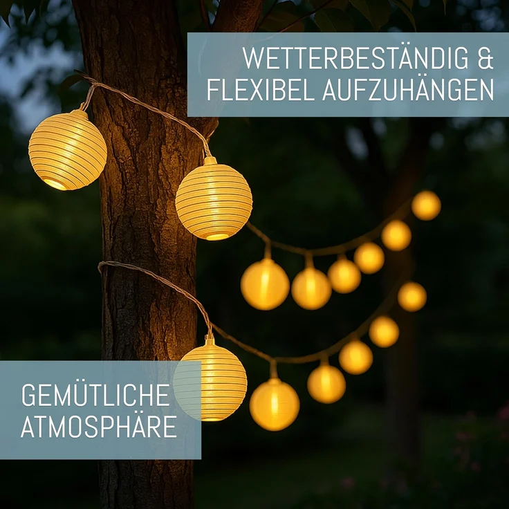 COZY HOME LED-Lichterkette Lampion Lichterkette - Batterie, Stecker und Solar, 20 Lampion LEDs I Timer-Funktion I 7 Meter mit 8 Mod I Wetterfest – Bild 2