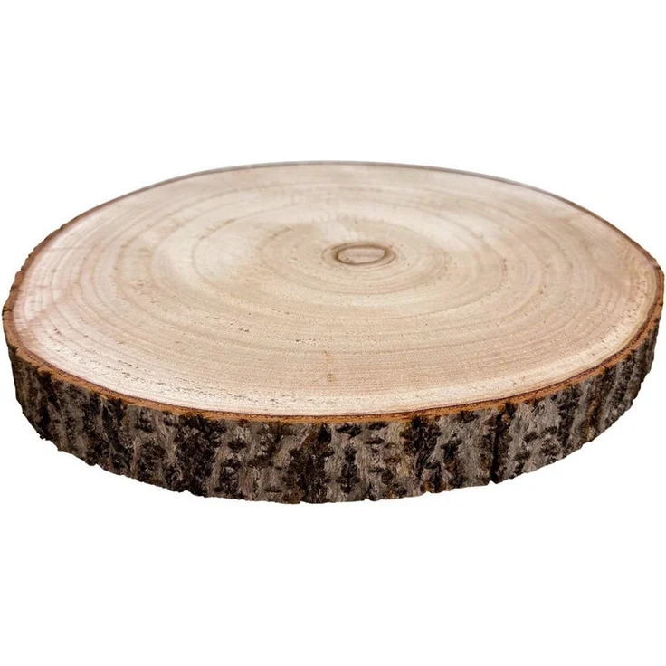 Online-Fuchs Dekotablett - Holzscheibe rund, Baumscheiben Tisch Deko natur - 30 cm Durchmesser (Paulownia Holz, ideal für saisonale Arrangements), natürliche Maserung mit einem rustikalem Rindenrand – Bild 3