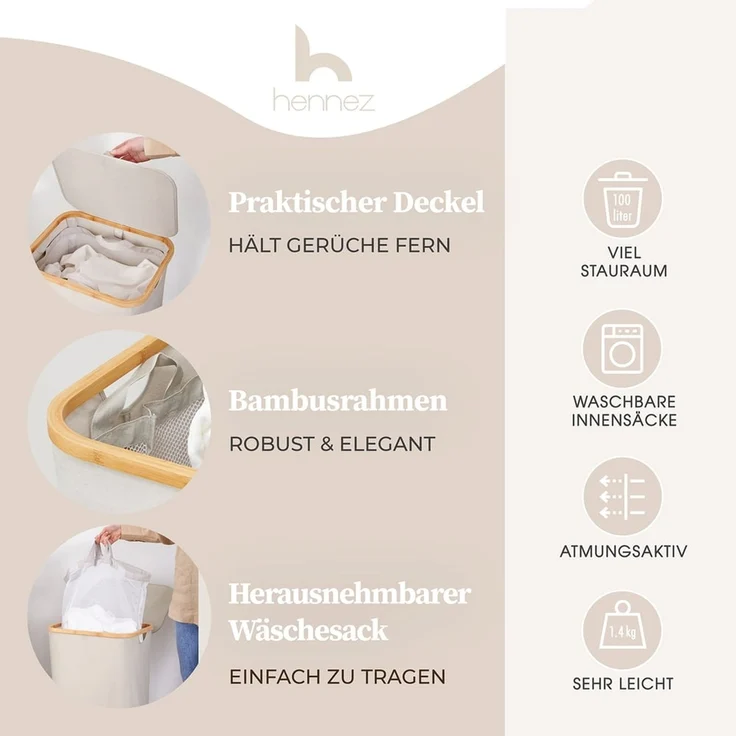 HENNEZ Wäschekorb mit Griff aus Bambus, 100 l – Wäschekorb mit Deckel, Dunkelgrau – Bild 2