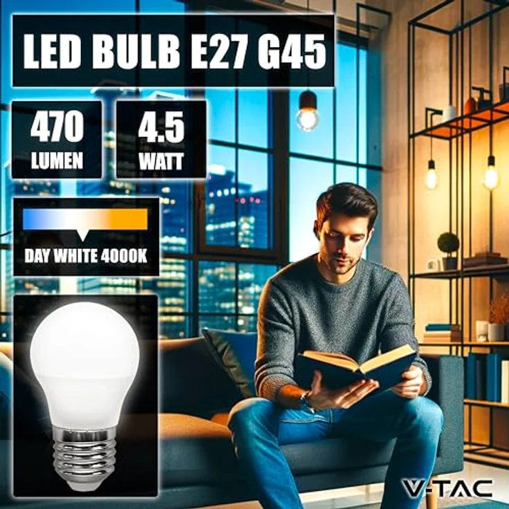 V-TAC 3x LED Glühbirne E27 G45-4,5W (entspricht 40W) - 3er Pack - 470 Lumen - LED Glühlampen - Energiesparlampe - Licht 4000K Neutralweiß – Bild 4