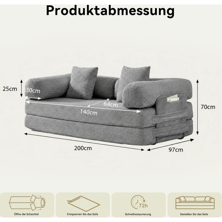 Aoxun Kordstoff Schlafsofa 200×97×70cm, 5-in-1 Umwandelbares Bodensofa, Hochdichter Schaumstoff, Haustierfreundlich, Keine Montage, Grau – Bild 2