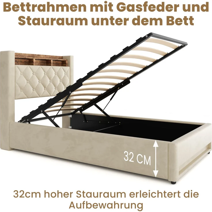Polsterbett aus Samt mit hochelastischer Polsterung & Lattenrost, ohne Matratze, 90x200 cm, Beige – Bild 7