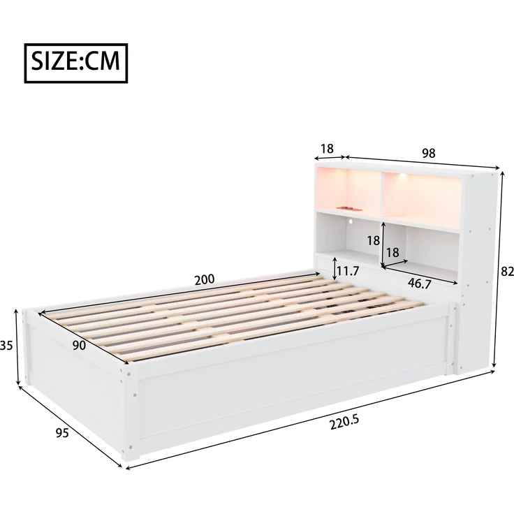 Bett 90x200 cm aus Massivholz mit Stauraum und LED-Beleuchtung – Bild 7