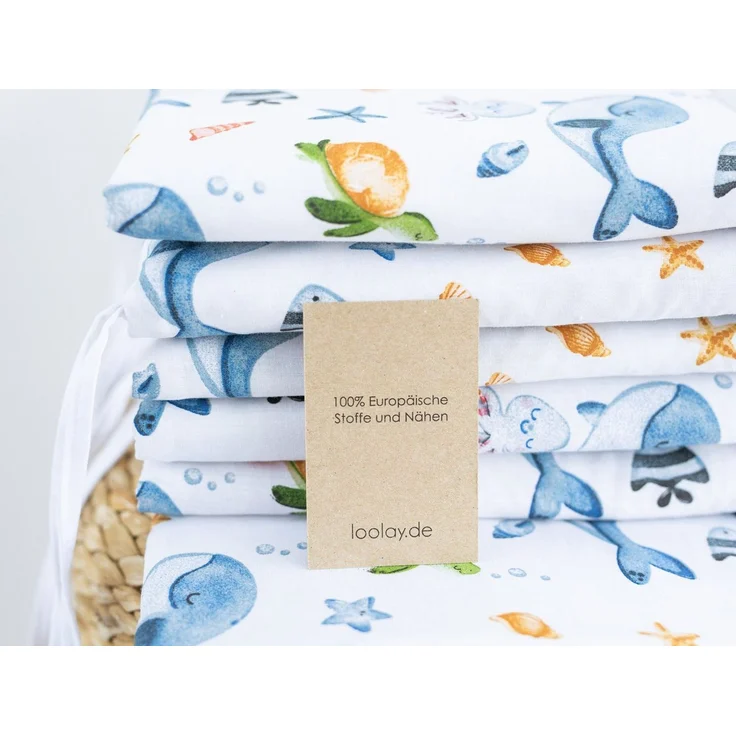 Loolay Bettnestchen Meer Ozean Wal Fische Schildkröte Baumwolle Babybett BETTUMRANDUNG, (Bett 140 x 70cm - 420, 210 cm, 120 x 60cm - 360, 180 cm, Babyausstattung Umrandung Kopfschutz Kantenschutz Bettschlange), PREMIUM Baby GESCHENK! 100% Bio Baumwolle! – Bild 2