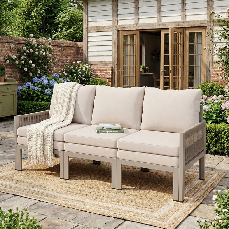 Merax Gartenmöbel-Set, Outdoorsofa, 3-Sitzer-Sofa, Multifunktionales Sofa, lässt sich in einen Liegesessel verwandeln, verzinktes Eisen, Khaki – Bild 3