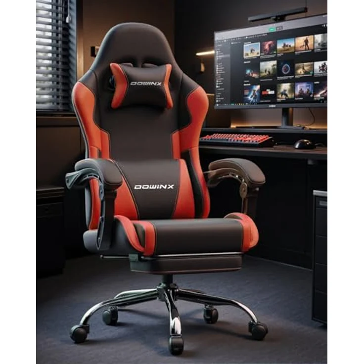Dowinx Gaming Stuhl Bürostuhl Massage Gaming Sessel mit höhenverstellbaren Linkage-Armlehnen, ergonomischer Gamer Stuhl mit Fußstütze, gepolstert Gaming Chair 150° neigbar bis 180 kg, Rot – Bild 3