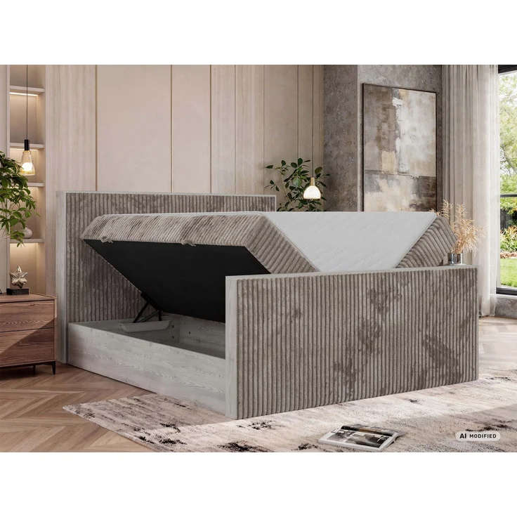 Boxspringbett NORDIC DUO 140 x 200 cm mit Matratze H4, hohe Kopfteil Doppelbett inkl. Topper Visco Holzoptik zwei Bettkästen - Hellbraun Cord – Bild 4