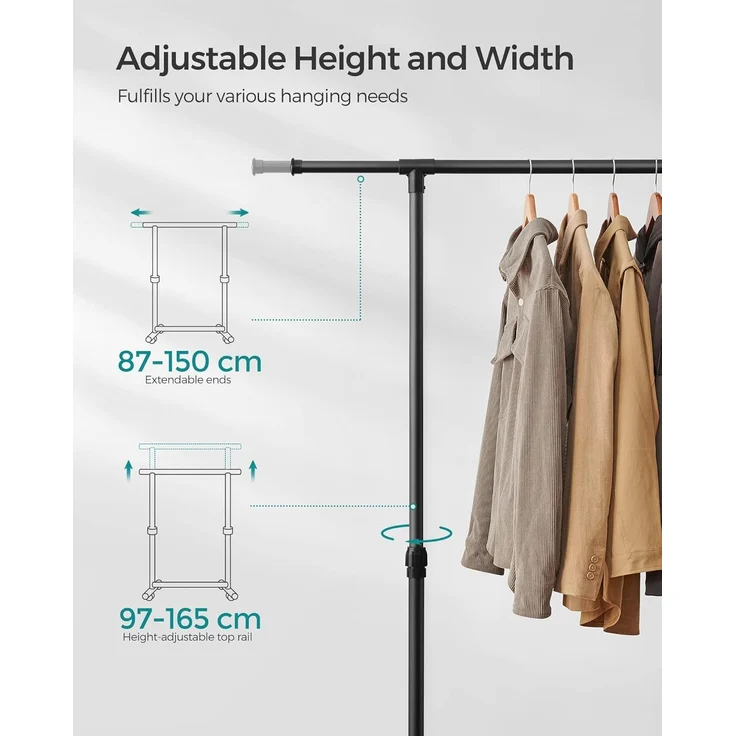 SONGMICS Kleiderständer auf Rollen, Kleiderstange, höhenverstellbar zwischen 97 und 165 cm, ausziehbare Garderobenstange, Garderobenständer, seitliche Haken für Accessoires, schwarz LLR001B01 – Bild 5