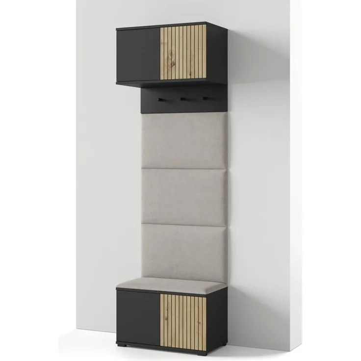 Garderoben-Set Rosario Version 5 mit Lamellen, mit Polsterplatten und Schuhschrank (Schwarz / Eiche Artisan, Trinity 01), 225 x 40 x 70 cm