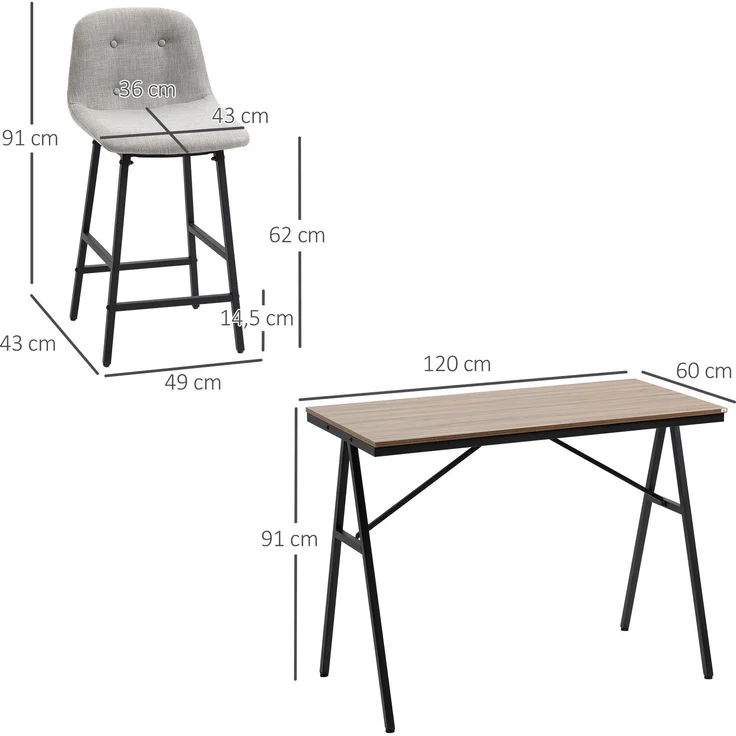 Bartisch-Set 120x60x91 cm mit 4 gepolsterten Barhockern – Stahlgestell, hellbraun – Bild 4