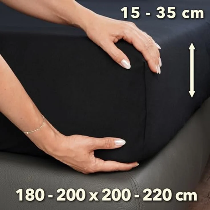 STUDIO Premium Spannbettlaken 180x200cm bis 200x220cm – Jersey-Spannbetttuch aus 97% Baumwolle & 3% Elastan – Schwarz, bügelfrei, Öko-Tex zertifiziert für Matratzen bis 35cm – Bild 4