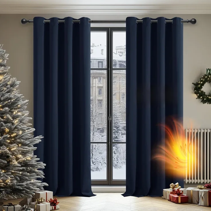 Deconovo Blickdichte Gardinen Kälteschutzvorhang Blickdicht Vorhang Verdunkelung, 229x117 cm(HöhexBreite), Dunkelblau, 2er Set