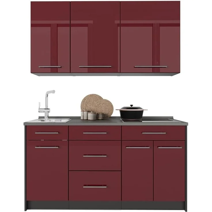 Singleküche Fame-Line Bordeaux Hochglanz/Anthrazit 150 cm, AP Eiche Vicco – Bild 8