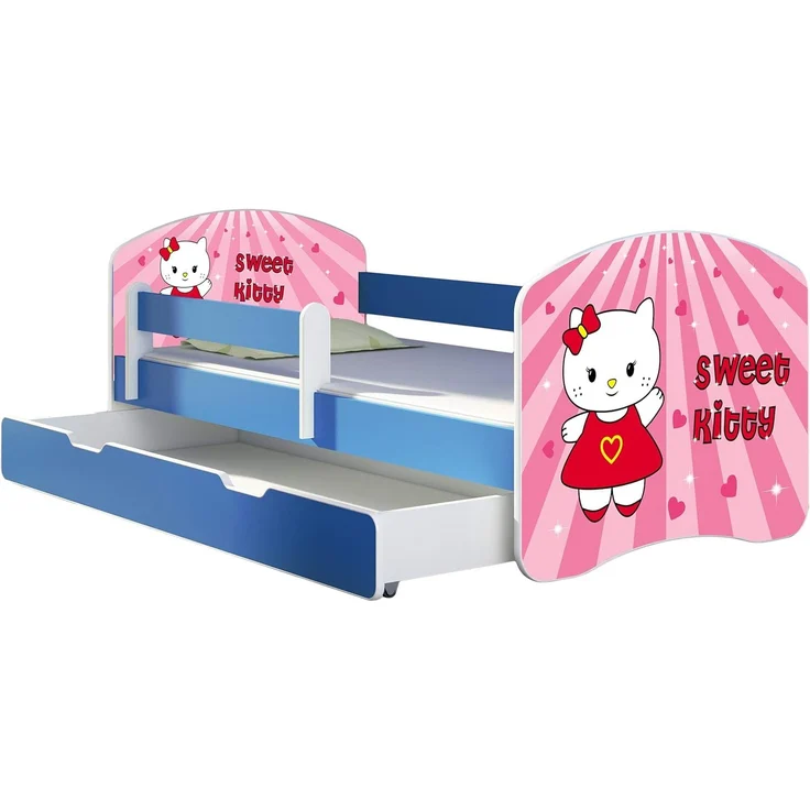 ACMA Kinderbett Jugendbett mit Einer Schublade und Matratze Blau mit Rausfallschutz Lattenrost II 140x70 160x80 180x80 (15 Sweet Kitty, 140x70 + Bettkasten) – Bild 1