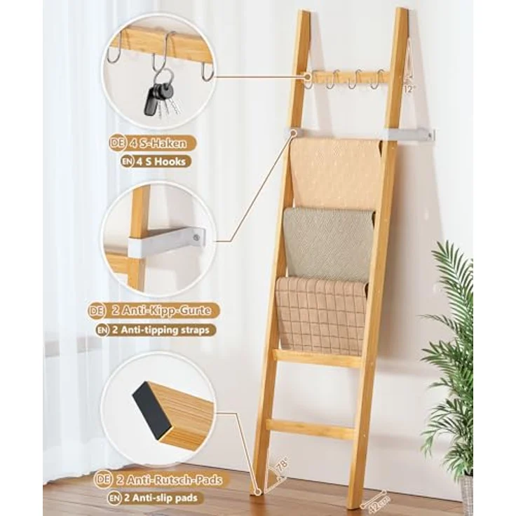 Yorbay Handtuchleiter Handtuchhalter Bambus, 6 Ebenen Leiterregal, 4 Haken und 2 Sicherheitsgurten, 43x170 cm, für Bad, Wohnzimmer – Bild 4