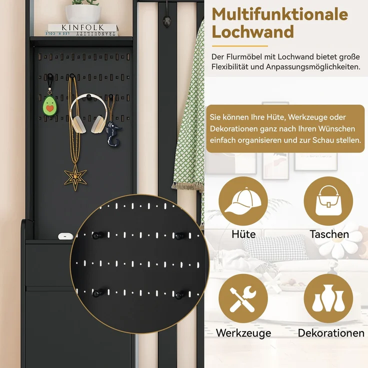 Merax 180cm Flurgarderobe, mit gepolsterter Aufbewahrungsbank, multifunktionaler Flur-Schuhschrank mit Stecktafel, moderne Garderobe mit 4 Haken, Schwarz – Bild 7