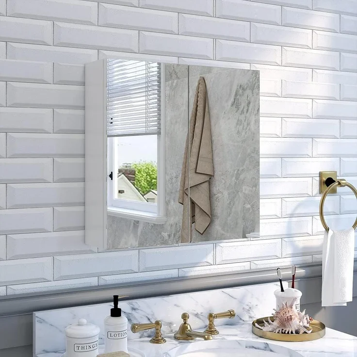 Meerveil Spiegelschrank, Badezimmerspiegel mit 2 Türen 2 Einlegeböden Holz Moderner Stil, 45 x 13 x 45 cm Weiß, FYMC14WT-G2N, Weiß - Rechter – Bild 7