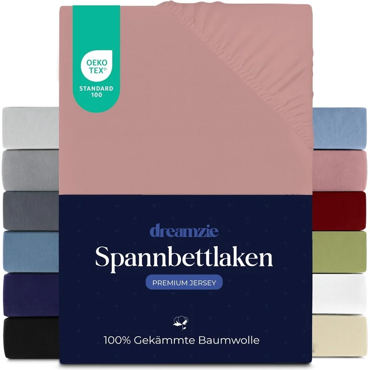 Dreamzie Premium Spannbettlaken 70x160 cm, Bettlaken 100% Jersey Baumwolle, Spannbetttuch für Dicke Matratzen bis zu 12 cm, 150 g/m², Oeko-TEX Zertifiziert - Rosa – Bild 1