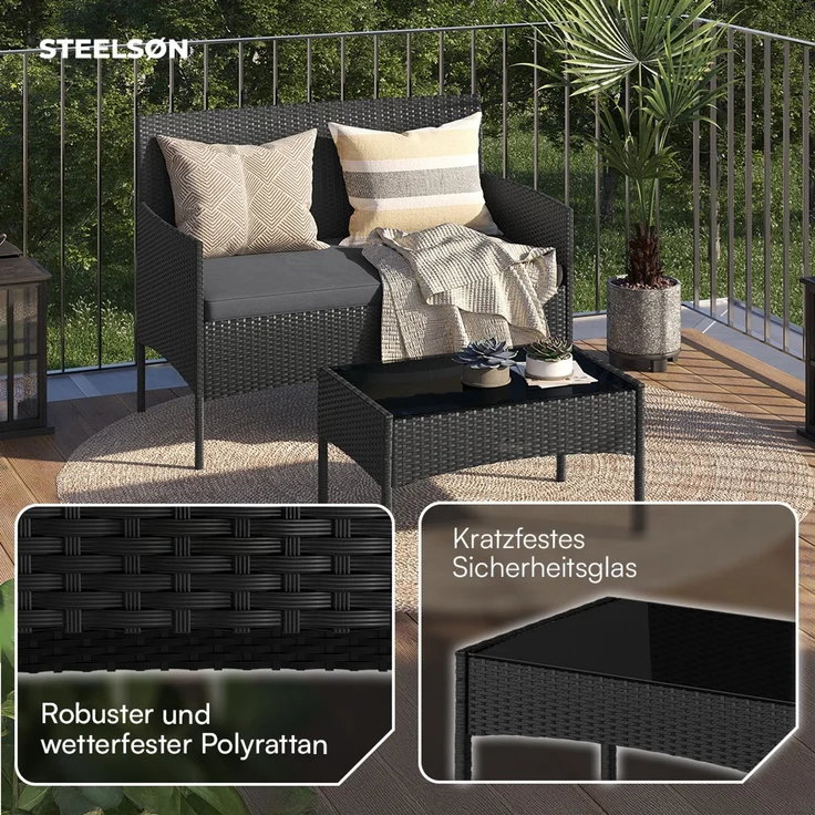 STEELSØN 'Thalora' Gartentisch, schwarz, 39x40x60 cm, aus Polyrattan mit Glasplatte – Bild 4