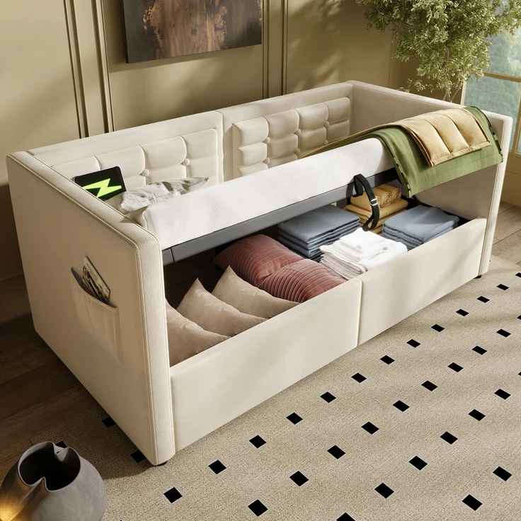 Merax Daybett Hydraulisches Polsterbett 90x200cm mit USB & Type C, Schlafsofa Tagesbett mit Ablagefächer, Einzelbett Jugendbett, Samt, Beige – Bild 2