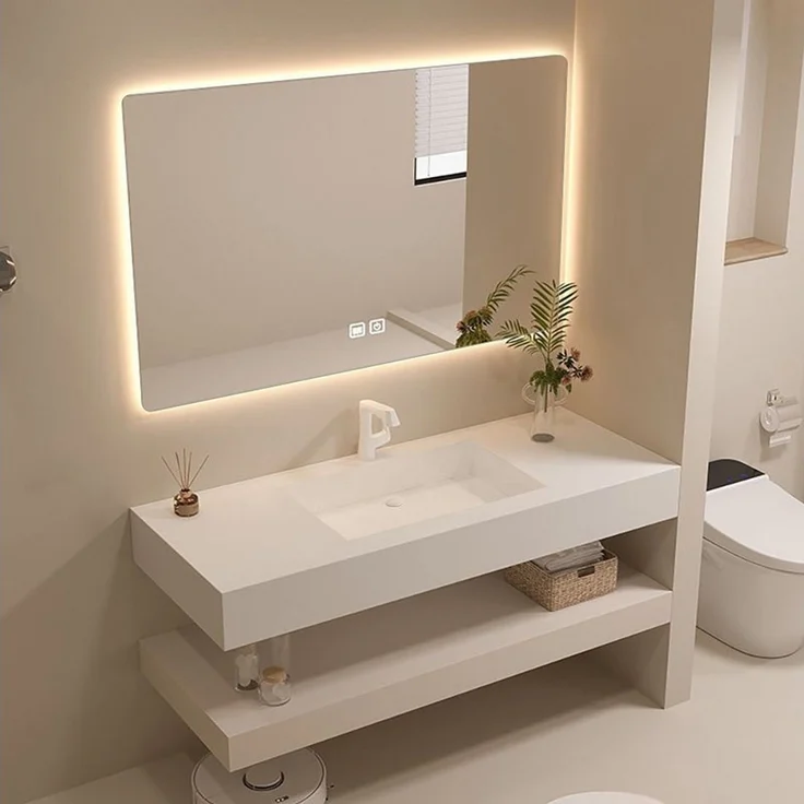 Muxing Badmöbel-Set mit Sinterstein-Waschbecken, LED-Spiegel (Anti-Beschlag) & Ablagebrett, (Set, 3-St), 130×55×15 cm, wandhängend, modern, pflegeleicht – Bild 3