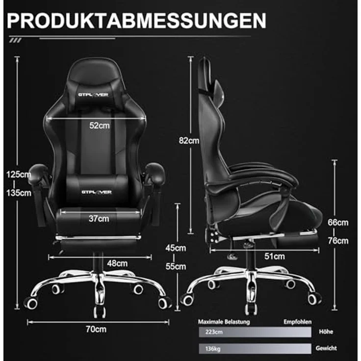 GTPLAYER Bürostuhl Gaming Stuhl Massage Gaming Sessel Ergonomischer Gamer Stuhl mit Fußstütze, Kopfstütze Massage-Lendenkissen, Gepolstert Game Chair, Drehsessel schwarz – Bild 2