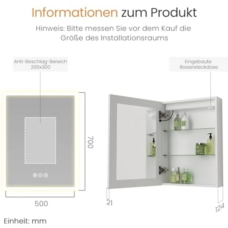 EMKE Spiegelschrank Bad mit Beleuchtung, 50x70x14,5 cm, Antibeschlag, 3 Lichtfarbe dimmbar, Steckdose, Glasablage, Speicherfunktion, Silberweiß doppelspiegel spiegelschrank, Acryl-Leuchtmaterial – Bild 2