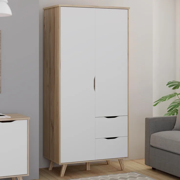 Forte VANKKA Kleiderschrank 95, Schrank mit 2 Türen und 2 Schubladenfächern, Holzwerstoff, Planked Eiche Dekor mit Weiß, 94,7 cm breit, 201,5 cm hoch, 52,7 cm tief