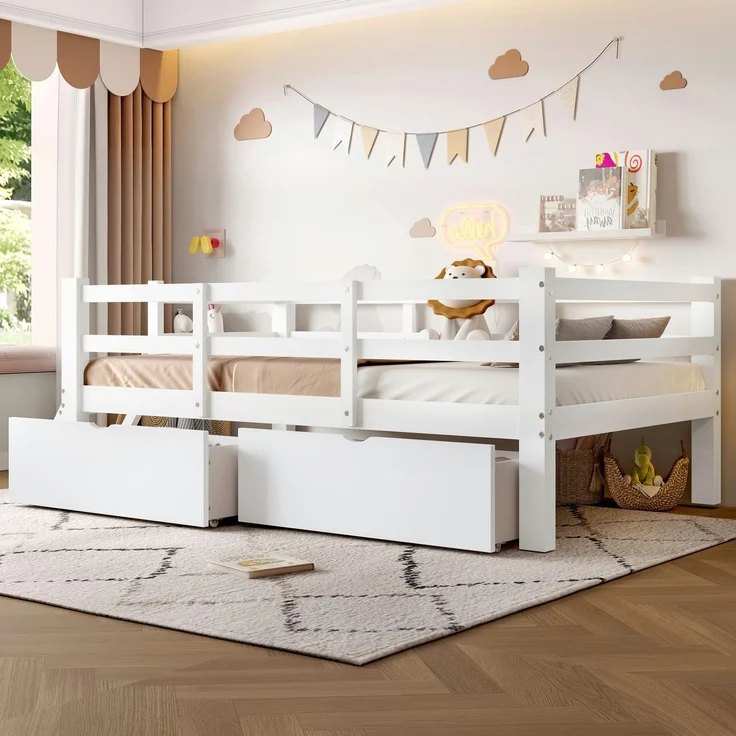 Kinderbett mit Trittleiter und 2 Schubladen, 90x200 cm, Rausfallschutz, Stauraum, Kiefer – Bild 4