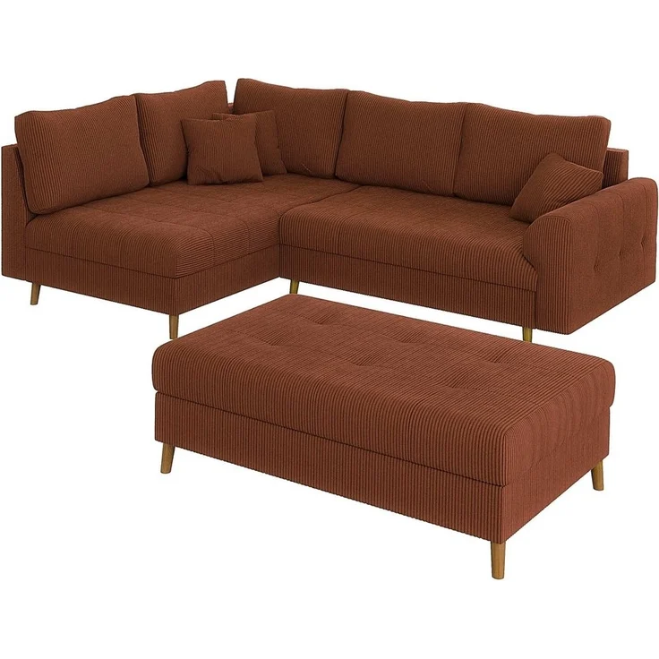 S-Style Möbel Ecksofa und Hocker Zara mit Schlaffunktion und Braun Holzfüßen aus Cord-Stoff, Ottomane links oder rechts bestellbar. Schlaffunktion in Kombination mit Hocker möglich, mit Wellenfederung – Bild 1