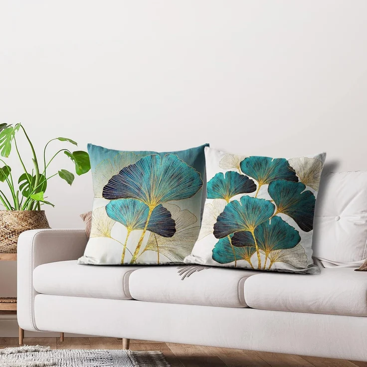 Kissenbezüge 45×45 cm 4er-Set Türkis-Gold Blatt Floral, Outdoor Patio Couch Kissen – Bild 2