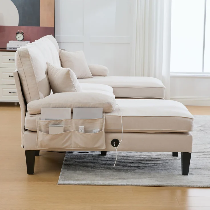 U-förmiges 4-Sitzer-Stoffsofa 250 cm mit 2 Chaiselongues, USB-C, Seitentaschen und Kissen, gepolsterte Wohnlandschaft, Beige – Bild 13