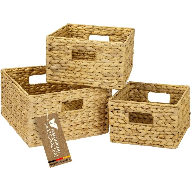 HMF Aufbewahrungskorb Aufbewahrungskorb, Korb geflochten aus Wasserhyazinthe (3 St), Regalkorb, quadratisch, 3er Set, 22 + 26 + 30 cm – Bild 5