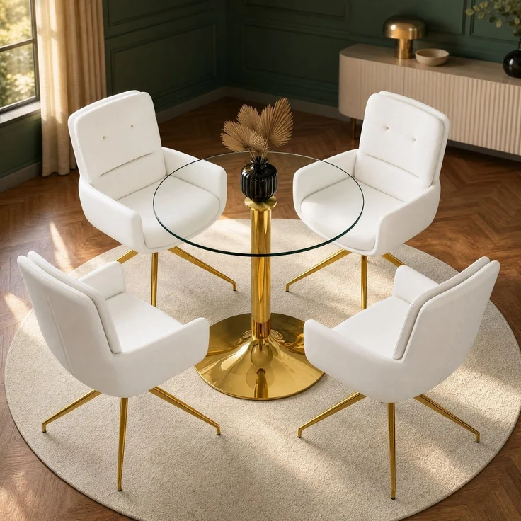 Essgruppe mit rundem Glastisch und 4 Drehstühlen, Ø 85x76 cm, Transparent/Weiß-Gold – Bild 2